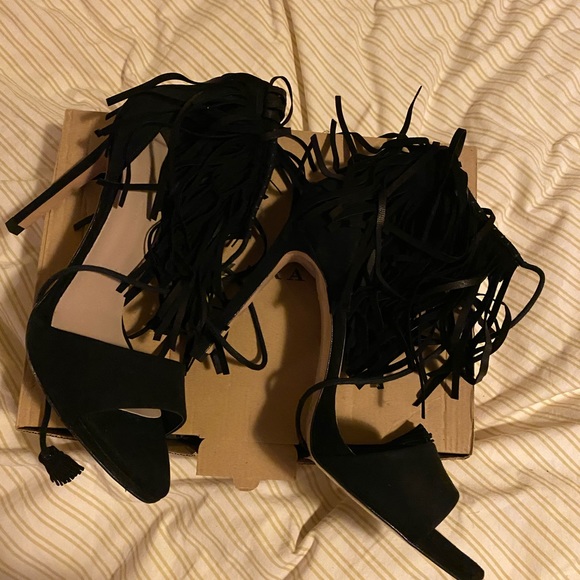 NWT ZARA tassel fringe black suede sandal heel sz 39 - Picture 5 of 7